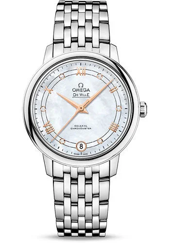 Watches with Baton-Style Hands for a Classic LookOmega De Ville Prestige Co-Axial Watch - 32.7 mm Steel Case - White Diamond Dial - 424.10.33.20.55.002