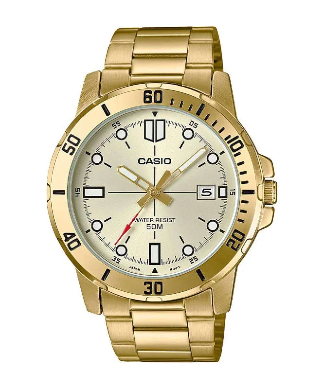 Traveler’s Watches with World Time FunctionCasio MTP-VD01G-9EVUDF Gold Stainless Watch for Men