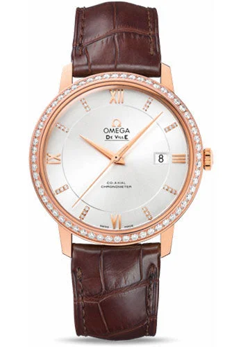 Watches with Two-Tone Cases for a Stylish AppearanceOmega De Ville Prestige Co-Axial Watch - 39.5 mm Red Gold Case - Diamond Bezel - Silver Diamond Dial - Brown Leather Strap - 424.58.40.20.52.002