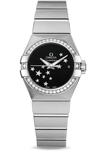 Watches with Baton-Style Hands for a Classic LookOmega Ladies Constellation Chronometer Watch - 27 mm Brushed Steel Case - Diamond Bezel - Black Dial - 123.15.27.20.01.001