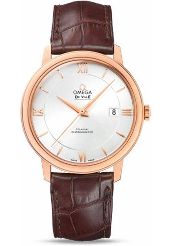 Leather Band Watches with Quick-Release BucklesOmega De Ville Prestige Co-Axial Watch - 39.5 mm Red Gold Case - Silver Dial - Brown Leather Strap - 424.53.40.20.02.001