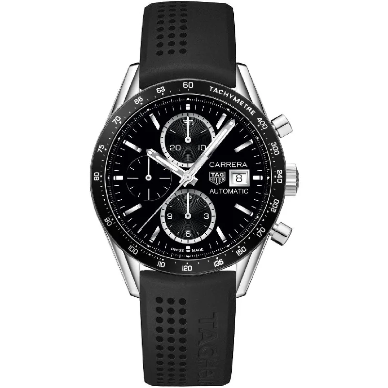 Stainless Steel Bracelet Watches for DurabilityTag Heuer Men's CV201AJ.FT6040 Carrera Chronograph Black Rubber Watch