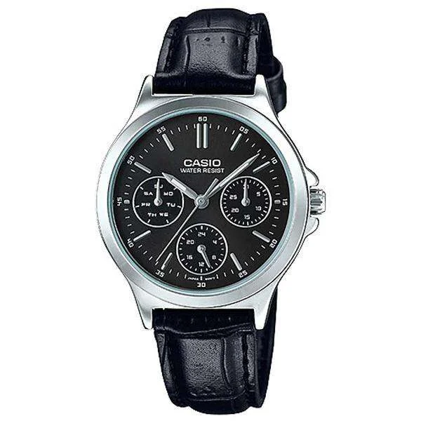 Watches with Glossy Finish Cases for a Shiny AppealCasio LTP-V300L-1A Black Leather Strap Watch for Men and Women