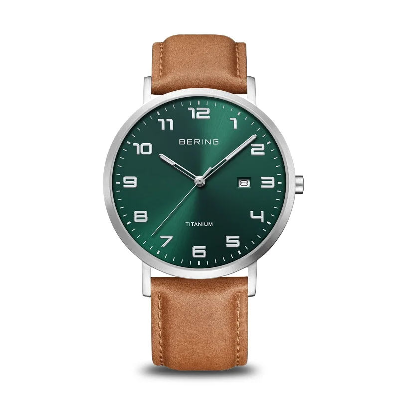 Watches with Braided Straps for a Handmade TouchBering - Titanium Green dial, Silver case, Tan strap watch