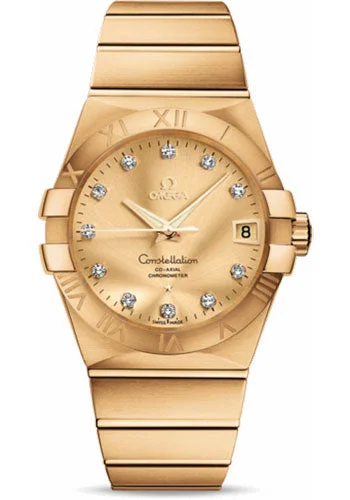 Solar-Powered Watches for Eco-Conscious UsersOmega Gents Constellation Chronometer Watch - 38 mm Brushed Yellow Gold Case - Champagne Diamond Dial - 123.50.38.21.58.001