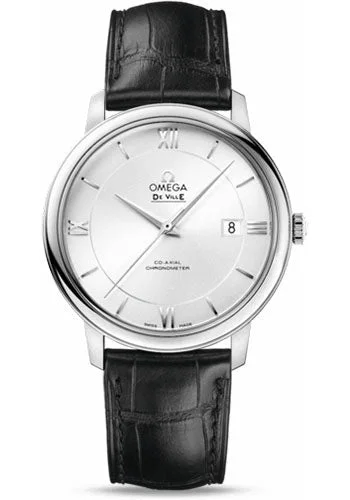 Outdoor Adventure Watches with CompassOmega De Ville Prestige Co-Axial Watch - 39.5 mm Steel Case - Silver Dial - Black Leather Strap - 424.13.40.20.02.001