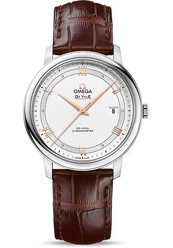 Women’s Watches with Swarovski CrystalsOmega De Ville Prestige Co-Axial Watch - 39.5 mm Steel Case - Silver Dial - Brown Leather Strap - 424.13.40.20.02.002