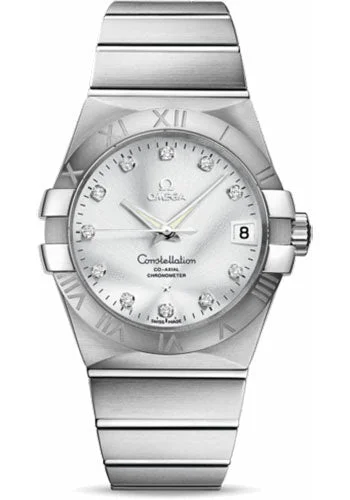 Wristwatches with Second Time Zone FeatureOmega Gents Constellation Chronometer Watch - 38 mm Brushed Steel Case - Silver Diamond Dial - 123.10.38.21.52.001