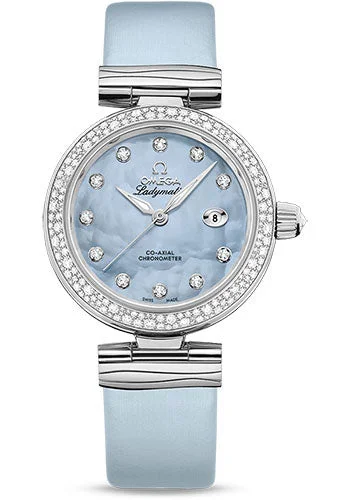 Watches with Multiple Time Zone DisplaysOmega De Ville Ladymatic Omega Co-Axial Watch - 34 mm Steel Case - Diamond Bezel - Blue Diamond Dial - Blue Leather Strap - 425.37.34.20.57.003