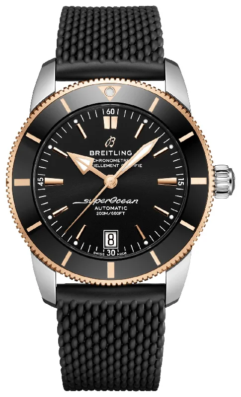 Wristwatches with Second Time Zone FeatureBreitling Superocean Heritage Automatic Chronometer Stainless Steel & 18k Rose Gold Black Dial Black Rubber Strap Date Divers Mens Watch Special Edition UB2010121B1S1