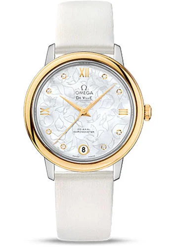 Casual Watches for Weekend OutingsOmega De Ville Prestige Co-Axial Watch - 32.7 mm Steel Case - Yellow Gold Bezel - Mother-Of-Pearl Diamond Dial - White Satin-Brushed Leather Strap - 424.22.33.20.55.002