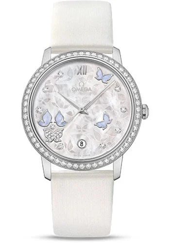 Watches with Power Reserve Indicator (for mechanical)Omega De Ville Prestige Co-Axial Watch - 36.8 mm White Gold Case - Diamond Bezel - Mother-Of-Pearl Diamond Dial - White Leather Strap - 424.57.37.20.55.002