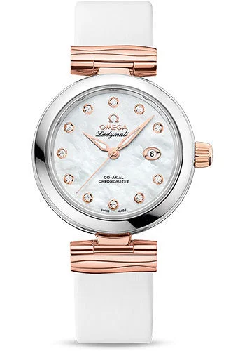 Women’s Dress Watches with Elegant StrapsOmega De Ville Ladymatic Omega Co-Axial Watch - 34 mm Steel - Sedna Gold Case - White Diamond Dial - White Leather Strap - 425.22.34.20.55.004