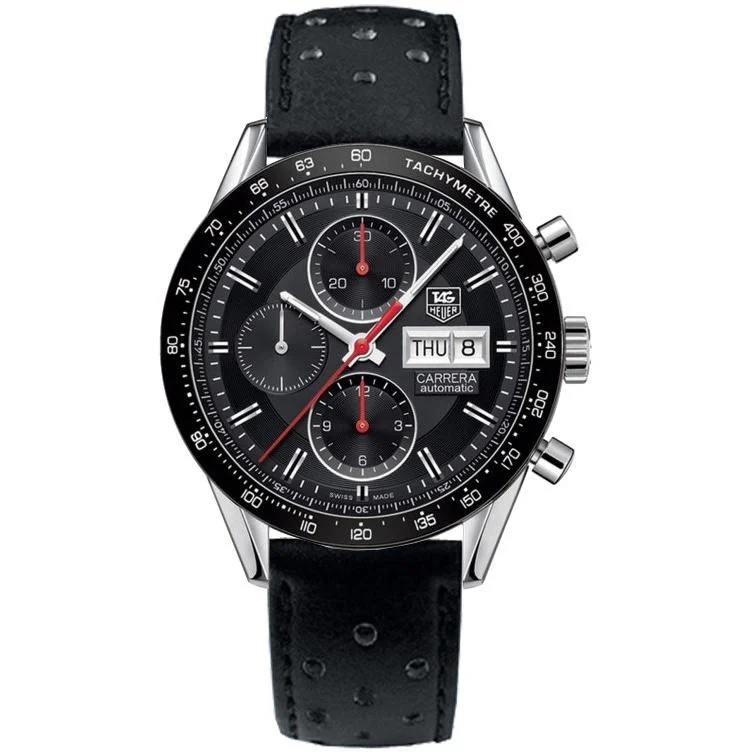 Adjustable Strap Watches for Perfect FitTag Heuer Men's CV201AH.FC6233 Carrera Chronograph Black Leather Watch