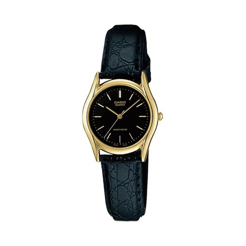 Wristwatches with Second Time Zone FeatureCasio LTP-1094Q-1ARDF Black Leather Strap Watch for Women