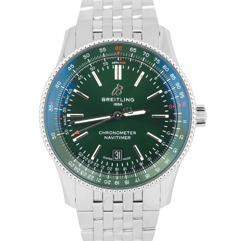 Designer Brand Watches with Unique Dial PatternsMINT 2020 PAPERS Breitling Navitimer Automatic 41 GREEN Steel A17326 Watch BOX