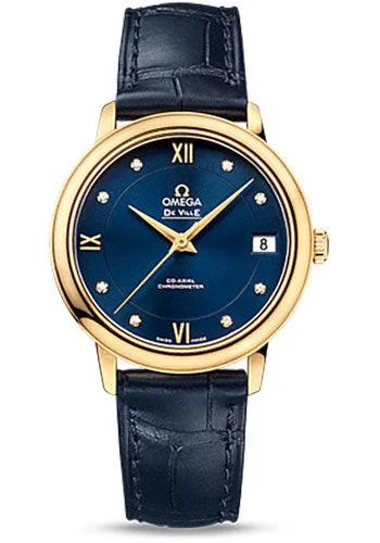 Ceramic Cased Watches with Mother-of-Pearl DialsOmega De Ville Prestige Co-Axial Watch - 32.7 mm 18K Yellow Gold Case - Blue Diamond Dial - Blue Leather Strap - 424.53.33.20.53.002