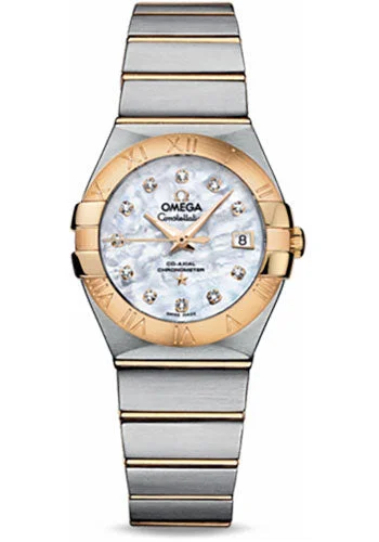 Alloy Cased Watches for Affordable QualityOmega Ladies Constellation Chronometer Watch - 27 mm Brushed Steel And Yellow Gold Case - Mother-Of-Pearl Diamond Dial - 123.20.27.20.55.003