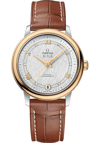 Leather Band Watches with Quick-Release BucklesOmega De Ville Prestige Co-Axial Watch - 32.7 mm Steel And Yellow Gold Case - White Silvery Dial - Light Brown Leather Strap - 424.23.33.20.52.001