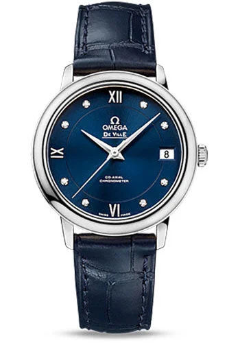 Wooden Cased Watches for a Natural LookOmega De Ville Prestige Co-Axial Watch - 32.7 mm Steel Case - Blue Diamond Dial - Blue Leather Strap - 424.13.33.20.53.001