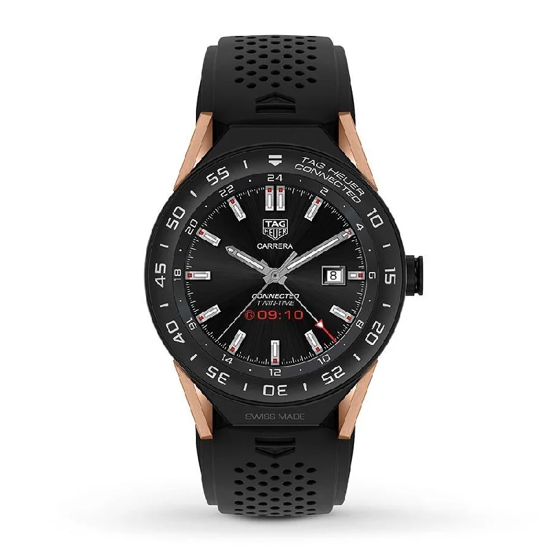 Wristwatches with Second Time Zone FeatureTag Heuer Men's SBF8A8013.32FT6076 Connected Chronograph Black Rubber Watch