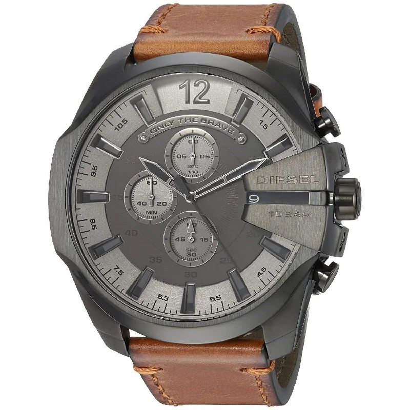 Leather Band Watches with Quick-Release BucklesDiesel Mega Chief Quartz Chronograph Grey Dial Men's Watch DZ4463