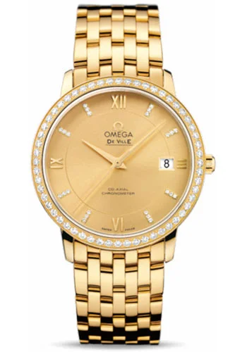 Watches with Backlight for Low-Light ConditionsOmega De Ville Prestige Co-Axial Watch - 36.8 mm Yellow Gold Case - Diamond Bezel - Champagne Diamond Dial - 424.55.37.20.58.001