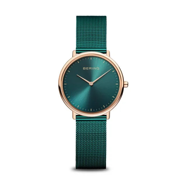 Watches with Luminous Markers for Night VisibilityBering - Ultra Slim Rose Gold/ Green Watch