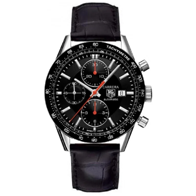 Outdoor Adventure Watches with CompassTag Heuer Men's CV2014.FC6266 Carrera Chronograph Black Leather Watch