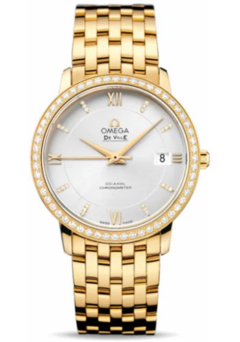 Watches with Dauphine-Style Hands for an Elegant LookOmega De Ville Prestige Co-Axial Watch - 36.8 mm Yellow Gold Case - Diamond Bezel - Silver Diamond Dial - 424.55.37.20.52.002