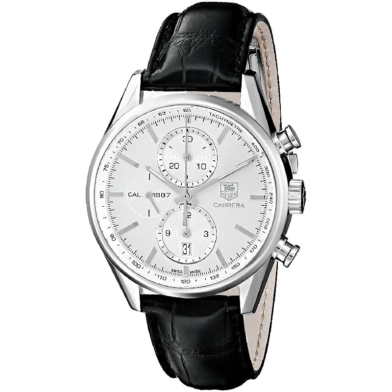 Round Dial Watches with Roman NumeralsTag Heuer Men's CAR2111.FC6266 Carrera Chronograph Automatic Black Leather Watch