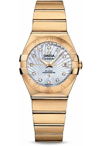 Watches with Embossed Dials for a Textured LookOmega Ladies Constellation Chronometer Watch - 27 mm Brushed Yellow Gold Case - Mother-Of-Pearl Supernova Diamond Dial - 123.50.27.20.55.002