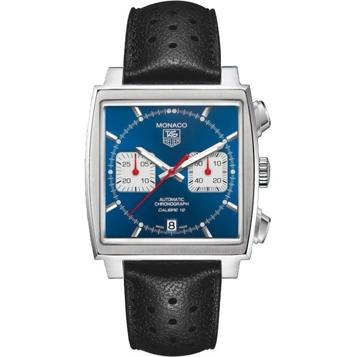 Wristwatches with Second Time Zone FeatureTag Heuer Men's CAW2111.FC6356 Monaco Chronograph Black Leather Watch