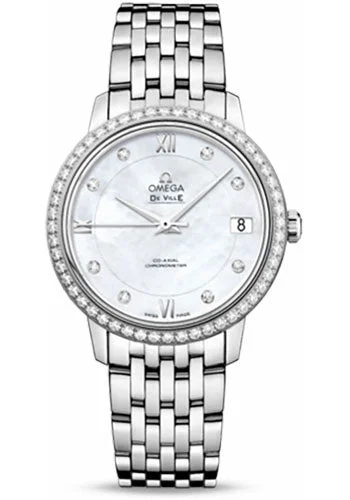 Watches with Backlight for Low-Light ConditionsOmega De Ville Prestige Co-Axial Watch - 32.7 mm Steel Case - Diamond Bezel - Mother-Of-Pearl Diamond Dial - 424.15.33.20.55.001