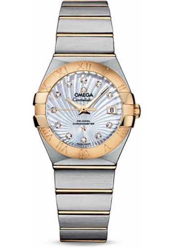 Watches with Backlight for Low-Light ConditionsOmega Ladies Constellation Chronometer Watch - 27 mm Brushed Steel And Yellow Gold Case - Mother-Of-Pearl Supernova Diamond Dial - 123.20.27.20.55.002