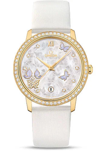 Casual Watches for Weekend OutingsOmega De Ville Prestige Co-Axial Watch - 36.8 mm Yellow Gold Case - Diamond Bezel - Mother-Of-Pearl Diamond Dial - White Leather Strap - 424.57.37.20.55.001