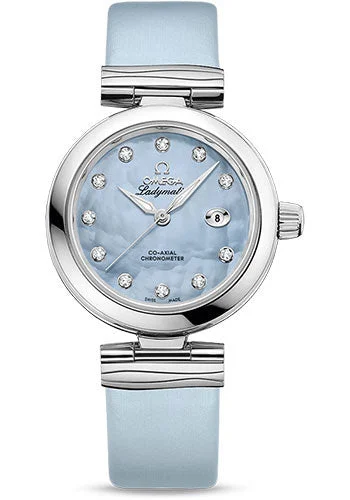 Watches with Two-Tone Cases for a Stylish AppearanceOmega De Ville Ladymatic Omega Co-Axial Watch - 34 mm Steel Case - Blue Diamond Dial - Blue Leather Strap - 425.32.34.20.57.003