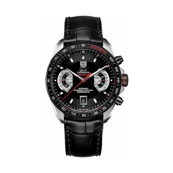 Traveler’s Watches with World Time FunctionTag Heuer Men's CAV511C.FC6235 Grand Carrera Chronograph Black Leather Watch