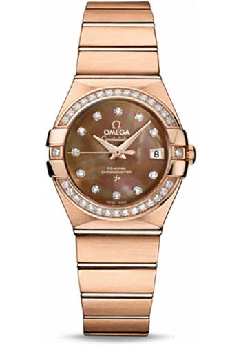 Watches with Baton-Style Hands for a Classic LookOmega Ladies Constellation Chronometer Watch - 27 mm Brushed Red Gold Case - Diamond Bezel - Dark Mother-Of-Pearl Diamond Dial - 123.55.27.20.57.001