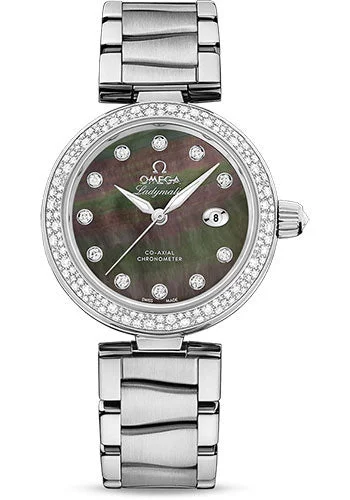 Watches with Dauphine-Style Hands for an Elegant LookOmega De Ville Ladymatic Omega Co-Axial Watch - 34 mm Steel Case - Diamond Bezel - Black Diamond Dial - 425.35.34.20.57.004