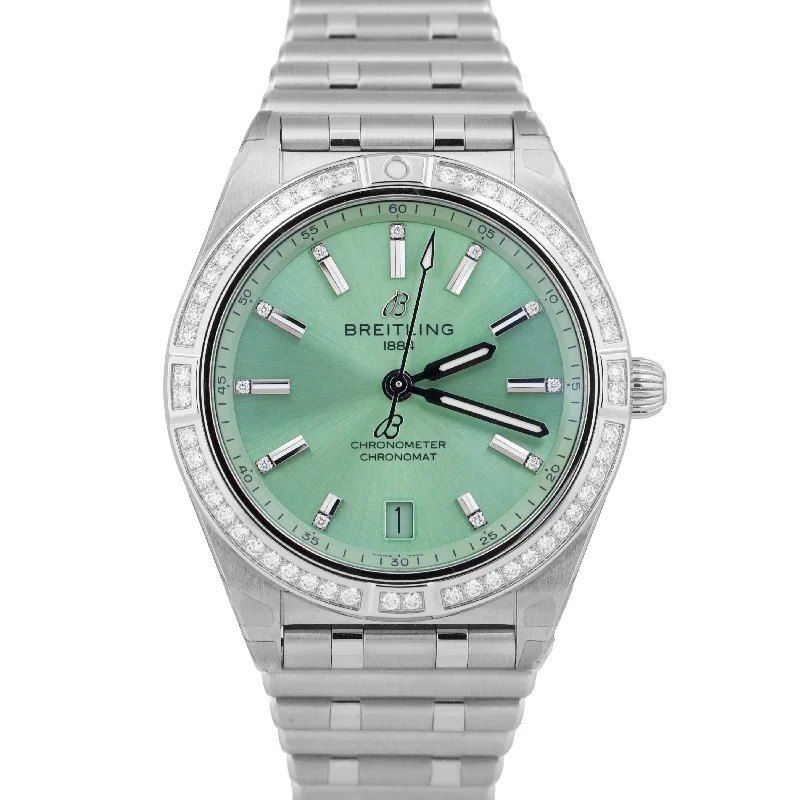 Casual Watches for Weekend OutingsBRAND NEW Breitling Chronomat GREEN DIAMOND Steel PAPERS 36mm Watch A10380 BOX