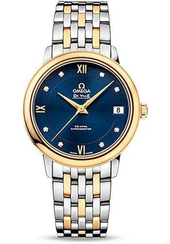 Stainless Steel Mesh Strap Watches for a Sleek LookOmega De Ville Prestige Co-Axial Watch - 32.7 mm Steel Case - 18K Yellow Gold Bezel - Blue Diamond Dial - Yellow Gold-Steel Bracelet - 424.20.33.20.53.002