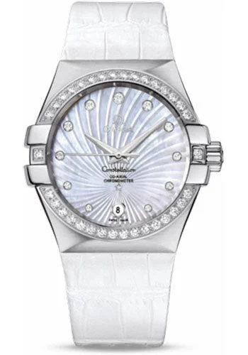 Stainless Steel Mesh Strap Watches for a Sleek LookOmega Ladies Constellation Chronometer Watch - 35 mm Brushed Steel Case - Diamond Bezel - Mother-Of-Pearl Supernova Diamond Dial - White Leather Strap - 123.18.35.20.55.001