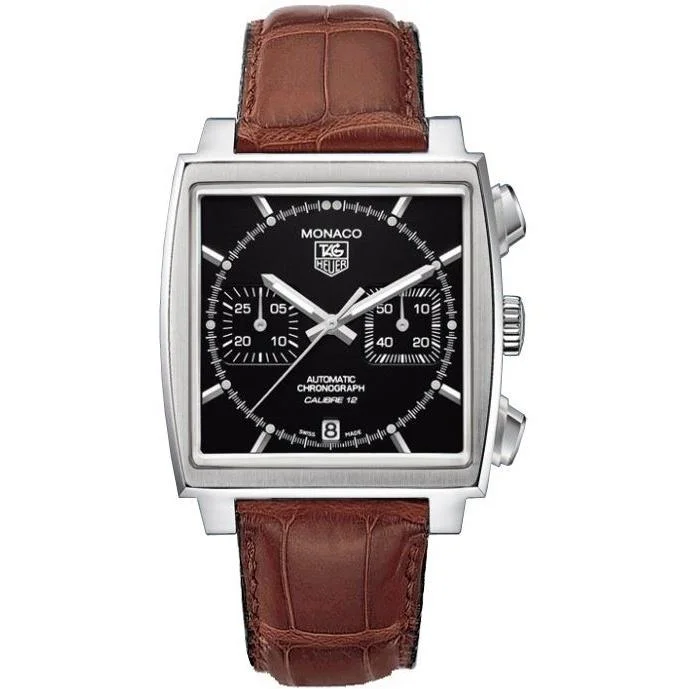 Stainless Steel Bracelet Watches for DurabilityTag Heuer Men's CAW2110.FC6178 Monaco Calibre 12 Chronograph Brown Leather Watch