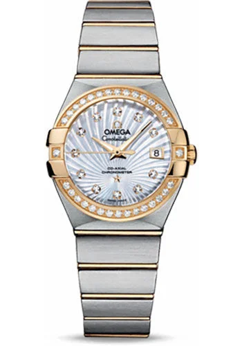 Wristwatches with Second Time Zone FeatureOmega Ladies Constellation Chronometer Watch - 27 mm Brushed Steel And Yellow Gold Case - Diamond Bezel - Mother-Of-Pearl Supernova Diamond Dial - 123.25.27.20.55.002