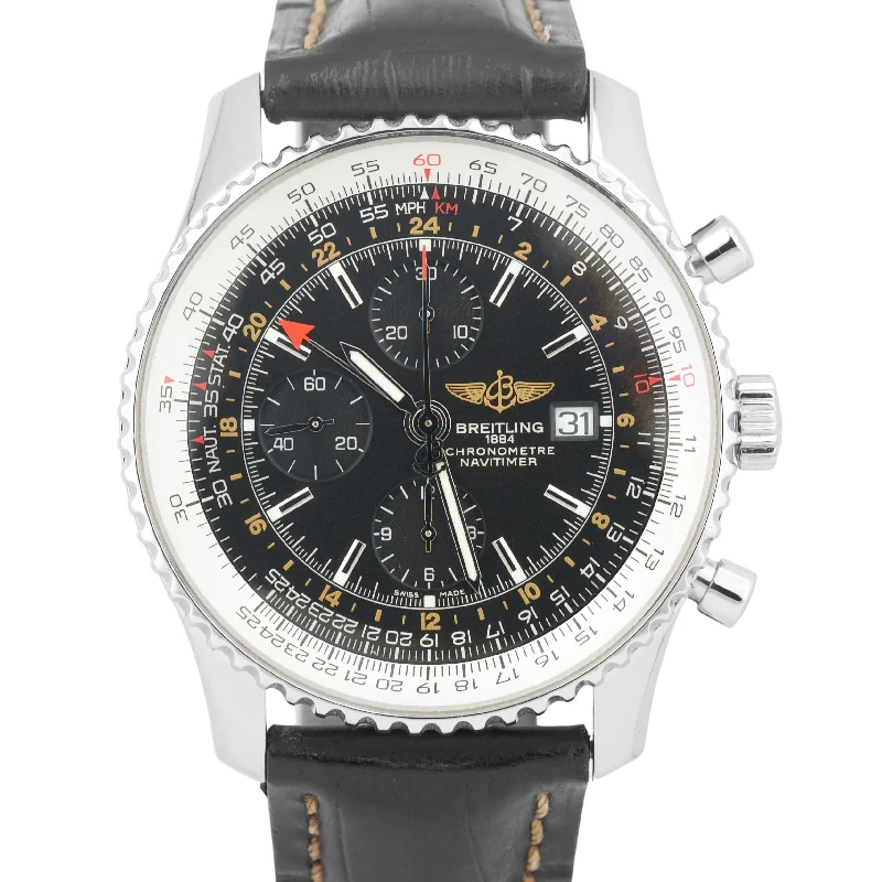 Luxury Quartz Watches with High-End MovementsBreitling Navitimer World GMT Black Stainless Leather Chronograph 46mm A24322