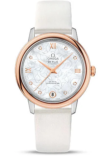 Solar-Powered Watches for Eco-Conscious UsersOmega De Ville Prestige Co-Axial Watch - 32.7 mm Steel Case - Red Gold Bezel - Mother-Of-Pearl Diamond Dial - White Satin-Brushed Leather Strap - 424.22.33.20.55.001