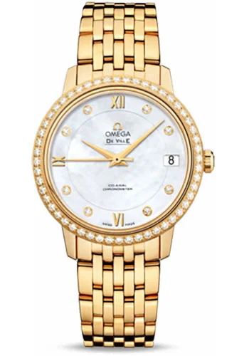 Watches with Skeletonized Hands for a Modern TwistOmega De Ville Prestige Co-Axial Watch - 32.7 mm Yellow Gold Case - Diamond Bezel - Mother-Of-Pearl Diamond Dial - 424.55.33.20.55.001