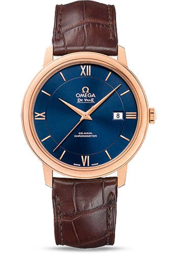 Watches with Skeletonized Hands for a Modern TwistOmega De Ville Prestige Co-Axial Watch - 39.5 mm Red Gold Case - Blue Dial - Brown Leather Strap - 424.53.40.20.03.002