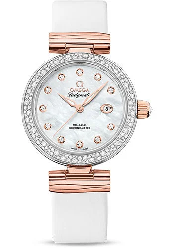 Dressy Watches for Evening EventsOmega De Ville Ladymatic Omega Co-Axial Watch - 34 mm Steel - Sedna Gold Case - Diamond Bezel - White Diamond Dial - White Leather Strap - 425.27.34.20.55.004